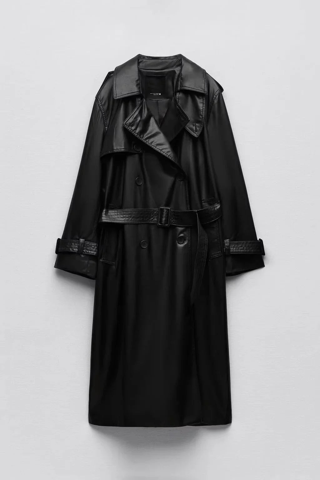 Women Vintage Leather Long Coat | Double Breasted | Winter Long Coat Black