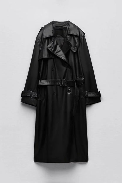 Women Vintage Leather Long Coat | Double Breasted | Winter Long Coat Black