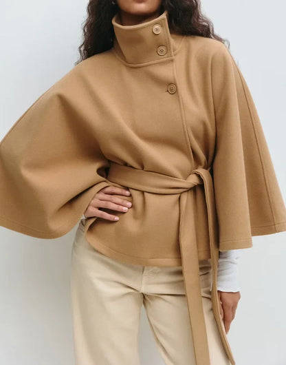 Women Trench cape Coat | Stand Collar Windbreaker | Cape Long Sleeve | Batwing Sleeves | Autumn Khaki