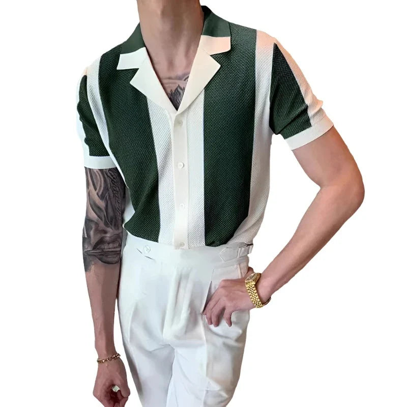 Men Knit Striped Contrast Shirt | Summer Short Sleeve | Buttoned Knitted Cardigan Dark Green