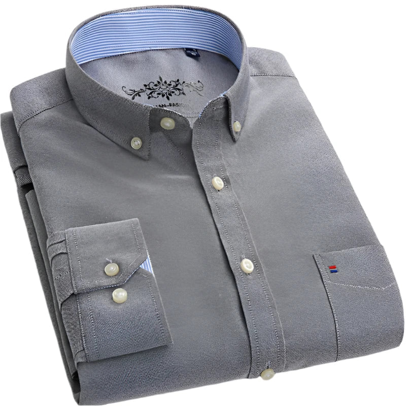 Plain Oxford Long-Sleeve Shirt Men | Office Shirt | Slim Fit Single Pocket Shirt Gray