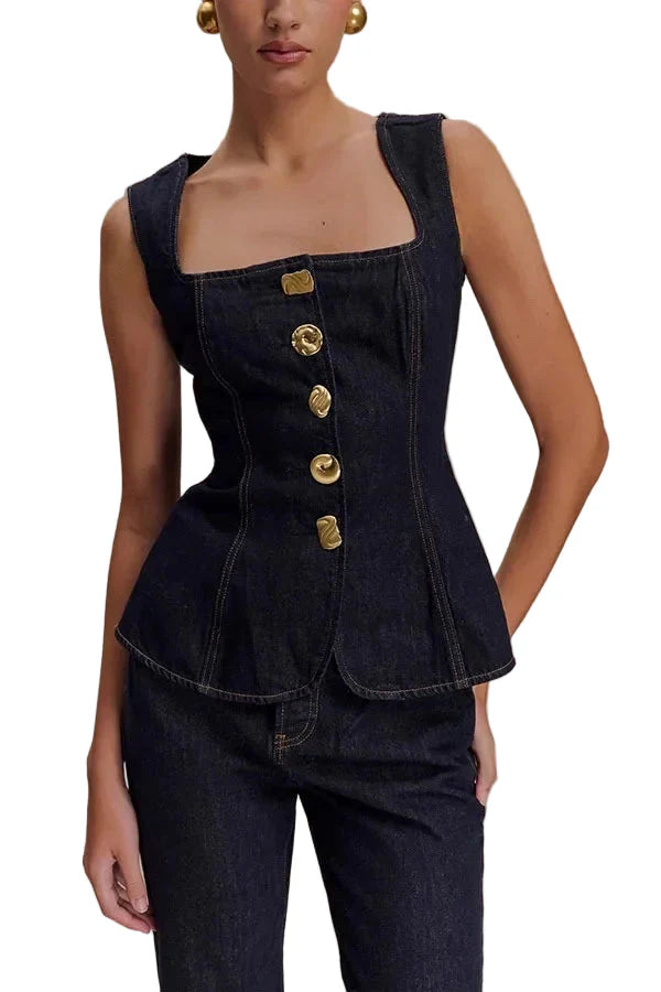 Women Summer Denim High Waist Button Down Top | Vest | Denim Pants | Set Top