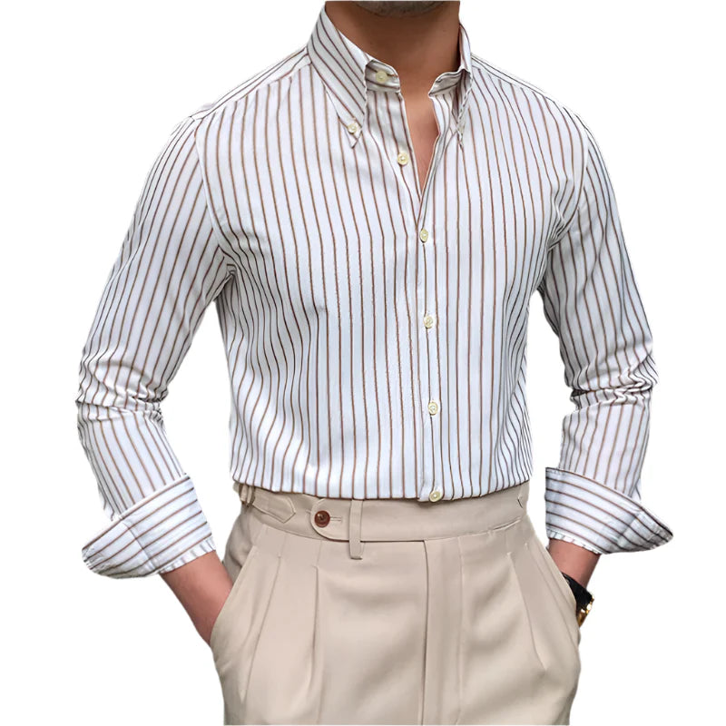 Men Casual Stripe Shirt | Dress Shirt | British Style Long Sleeve Striped Shirt Yellow brown