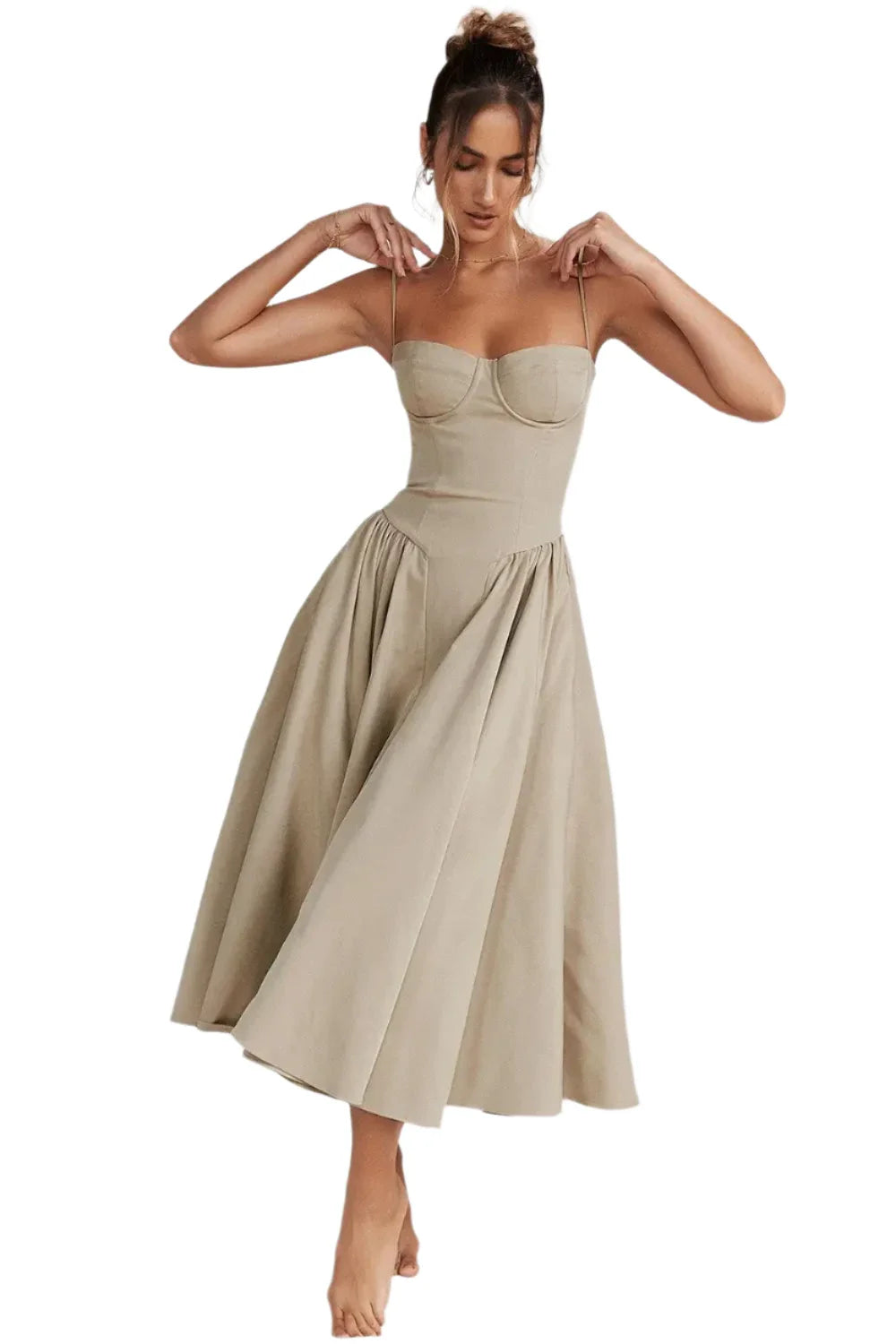 Women Pleated Sling Summer Dress Light Coffee