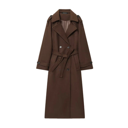 Women Burgundy Overcoat with Belt | Warm Winter Trench Coat Brown
