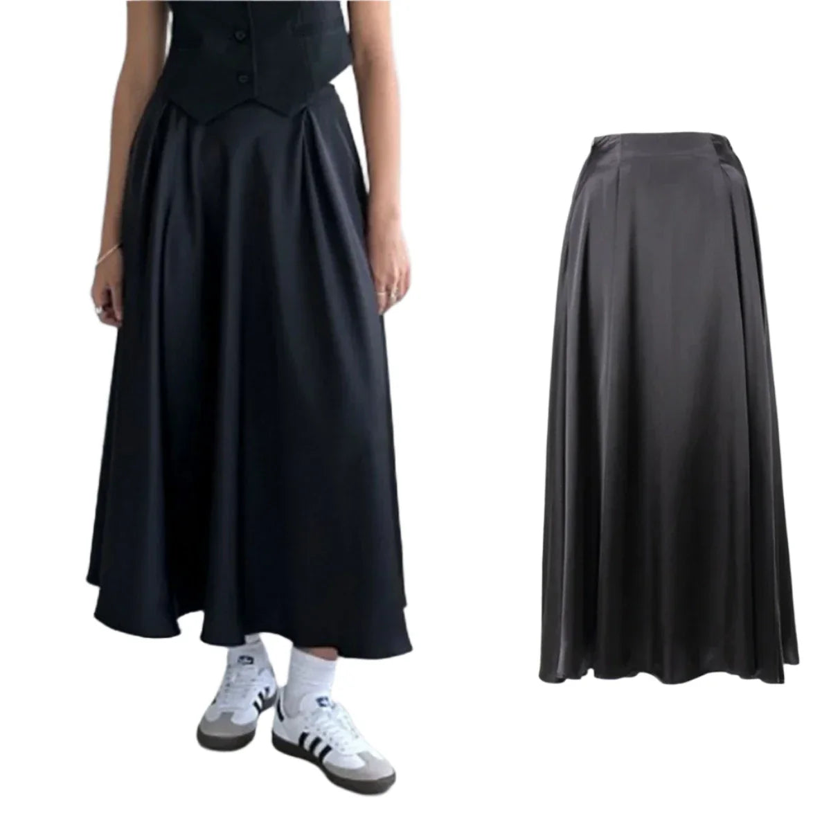 Women Satin High Waisted Long A-line Drape Skirt | Elegant French Tutu Skirt Black