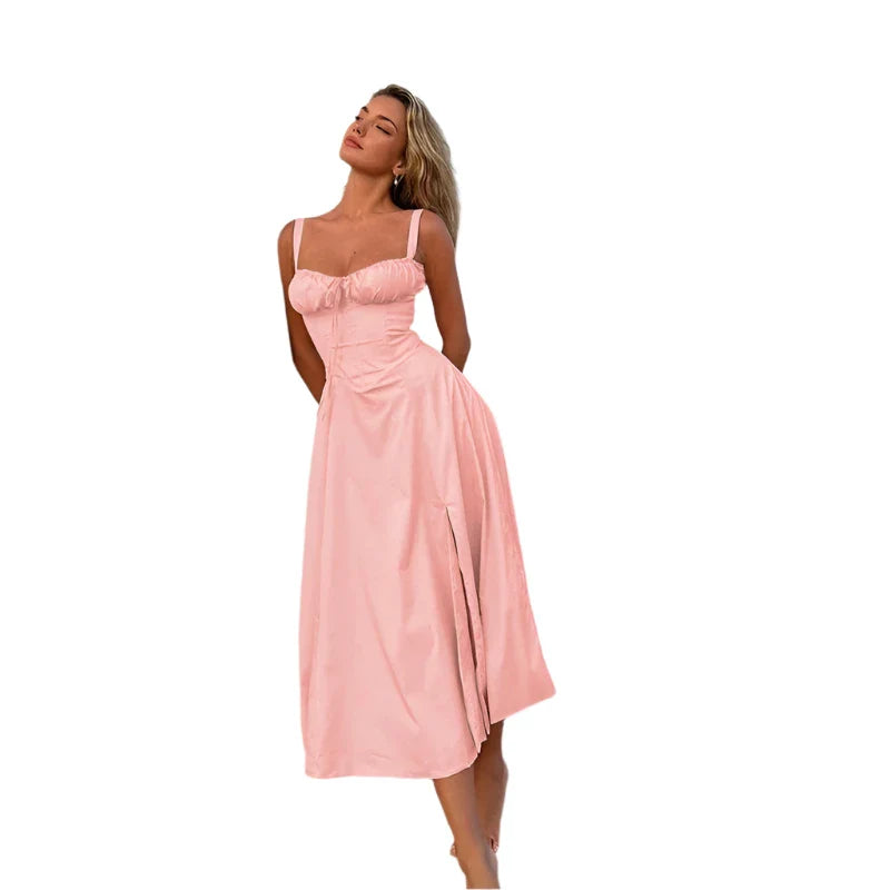 Women Plain Midi Summer Dress | Casual Slit Lace Up Dress | Sundress solid pink