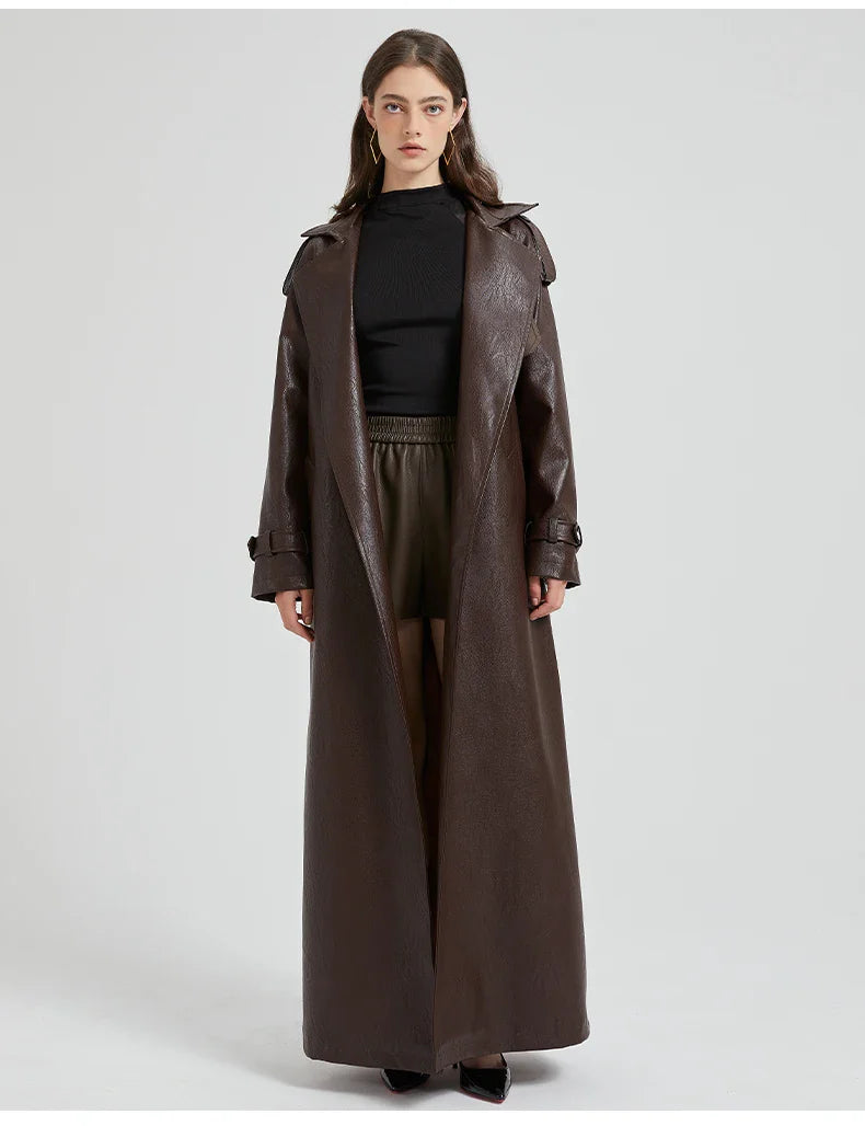 Women Extra Long Leather Trench Coat | Luxury Chic Overcoat | Autumn