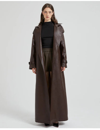 Women Extra Long Leather Trench Coat | Luxury Chic Overcoat | Autumn