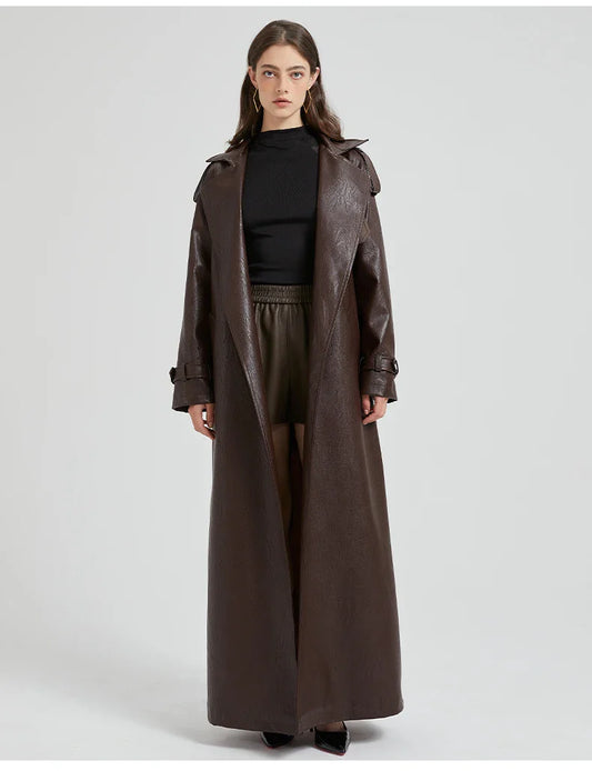 Women Extra Long Leather Trench Coat | Luxury Chic Overcoat | Autumn