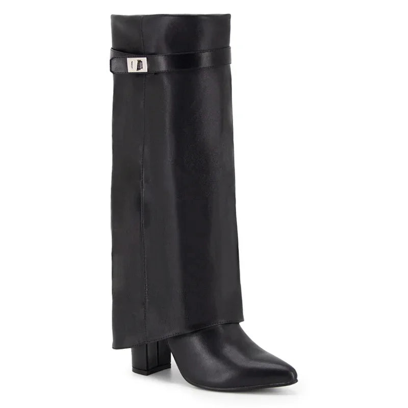 Women Cow Boy Boots | Lock Buckle | High Heels | Knee-Length Boots | Fold-Over Long Boots black