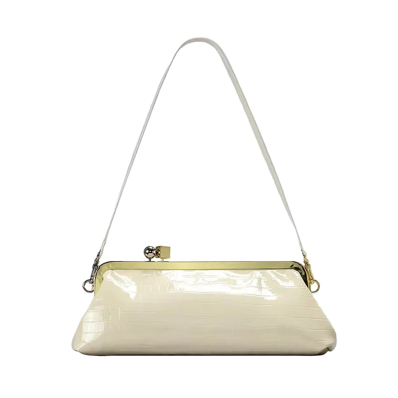 Women Leather Kiss Lock Bag | Long Clutch Bag | Luxury Shoulder Bag | Elegant Party Purse | Underarm Bag Beige 2
