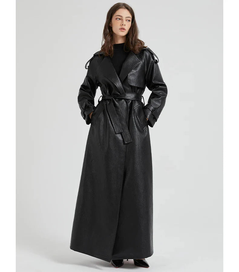 Women Extra Long Leather Trench Coat | Luxury Chic Overcoat | Autumn