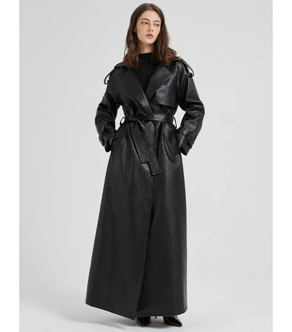 Women Extra Long Leather Trench Coat | Luxury Chic Overcoat | Autumn