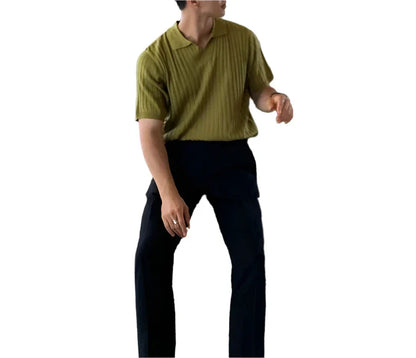 Men Summer Knitted Polo Shirt | Striped V-Neck Solid Color Short Sleeved Knitwear