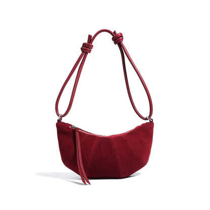 Women Leather Suede Dumpling Crossbody Bag Burgundy