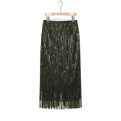 Women Beaded Tassel Long Skirt | Loose | High Waist | Y2K | Party Wear