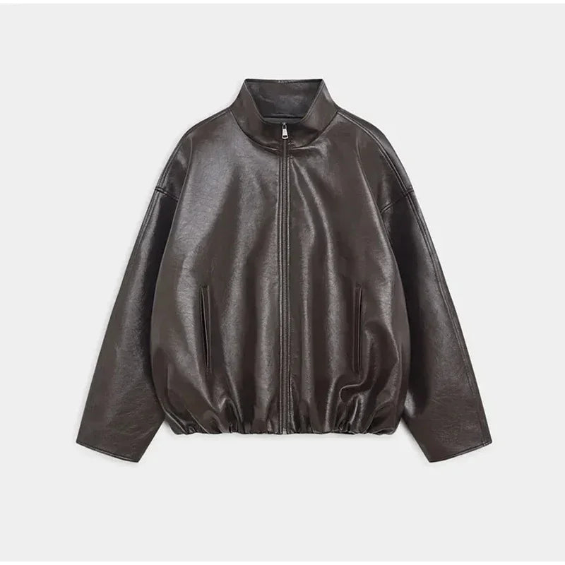 Woman Glossy Leather Two Piece Set | Leather Jacket | Straight Long Leather Skirt | Autumn | Stand Collar Zipper Jacket |