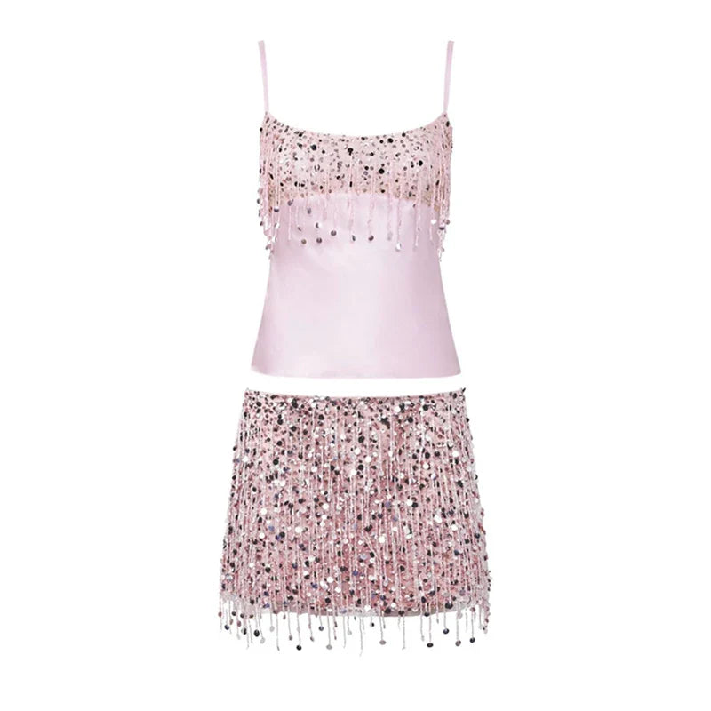 Women Pink Summer Tassel Top With Mini Skirt Set | Sequin Crop Top | Backless pink Set