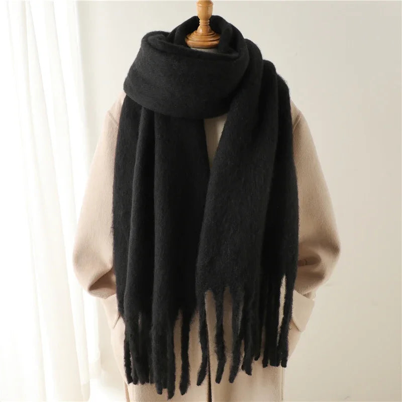 Women Warm Winter Cashmere Scarf | Thick Soft Tassel Shawl | Long Poncho | Echarpe | Pashmina Black