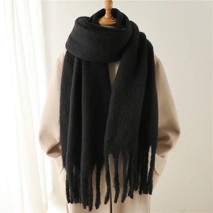 Women Warm Winter Cashmere Scarf | Thick Soft Tassel Shawl | Long Poncho | Echarpe | Pashmina Black