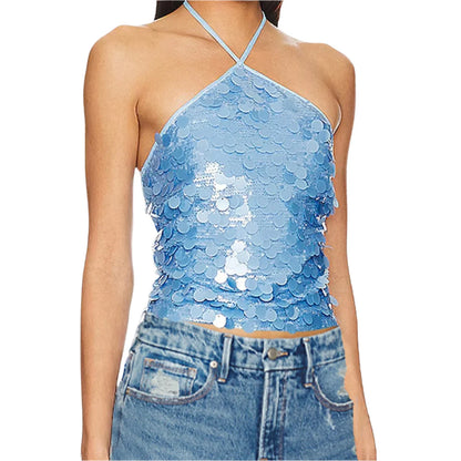 Women Sequin Halter Top | Tank Top | Glitter Tie-Up Vest | Backless Cami Top | Party Blue