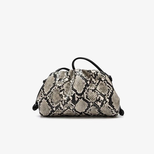 Women Leather Ruched Serpentine Dumpling Bag | Pouch Handbag | Cloud Clutch | Snake Pattern Shoulder Bag | Crossbody Bag beige S