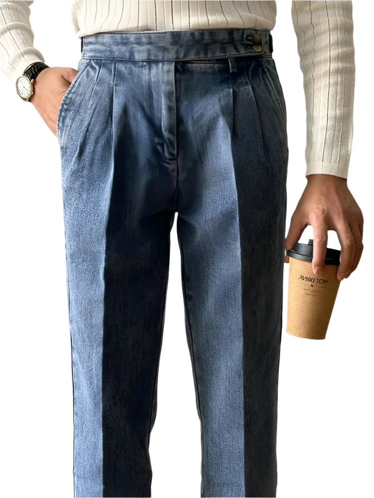 Men Naples Denim Trousers | Washed Denim Pants | Slim Fit Draped Straight Jeans