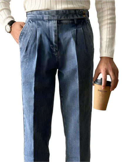 Men Naples Denim Trousers | Washed Denim Pants | Slim Fit Draped Straight Jeans