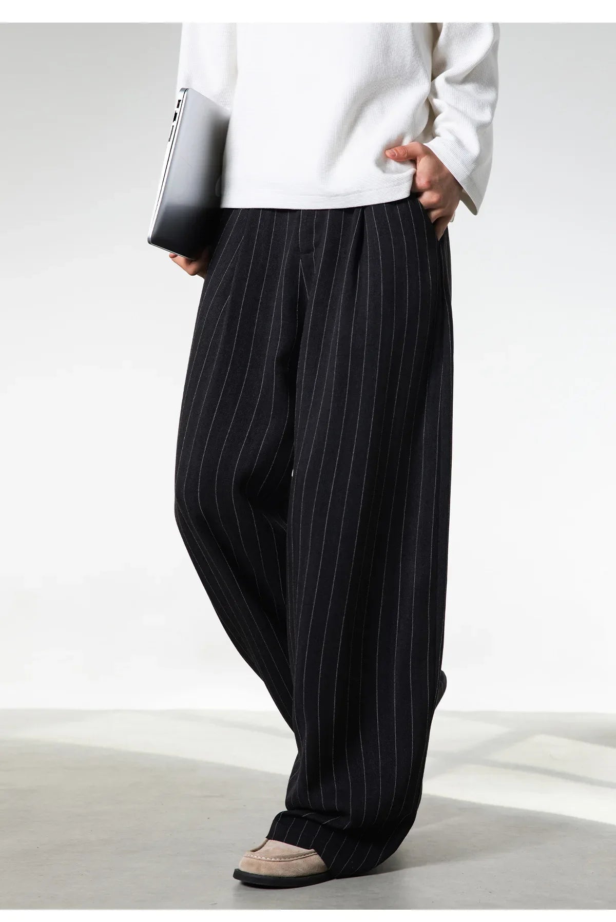 Men Classic Striped Pleated Wide Leg Trousers | Baggy | Straight | Dress Pants | Business