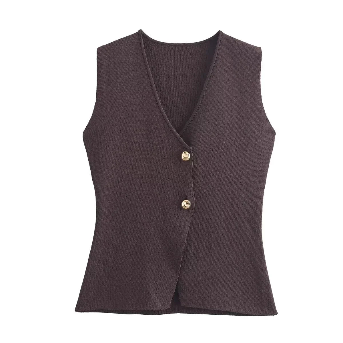 Women V-Neck Pleated Knitted Casual Vest Top | Summer Button Sleeveless Vest brown