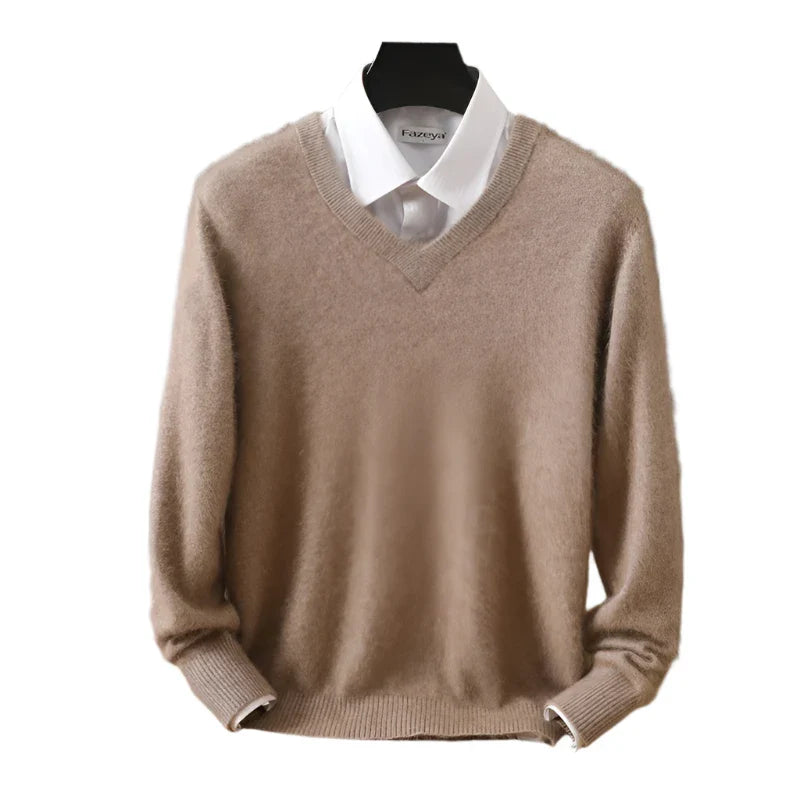 Men Cashmere V-Neck Pullover | Cashmere Knitted Sweater | Mink Winter Long Sleeve Top