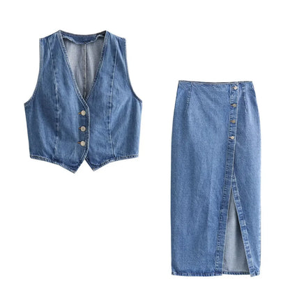 Women Denim V-Neck Vest | Denim Long Skirt | Denim Skirt and Vest Set Blue Set