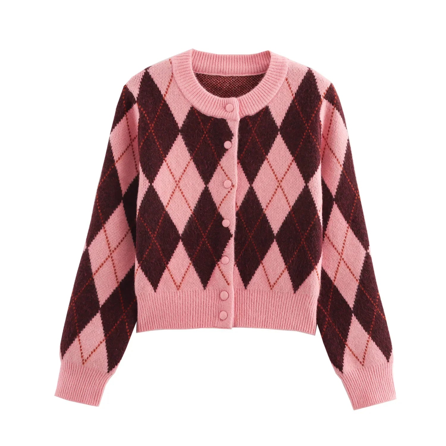 Women Argyle Cardigan | Casual | Knitted | Elegant Sweater | Long Sleeve | Knitwear Pink