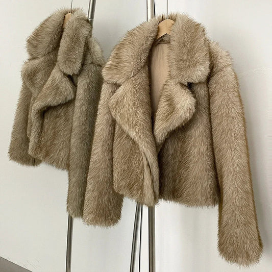 Women Short Fur Jacket | Vintage | Turn-Down Collar Coat | Long Sleeve Fur Coat | Winter | Streetwear