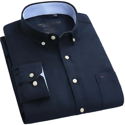 Plain Oxford Long-Sleeve Shirt Men | Office Shirt | Slim Fit Single Pocket Shirt Dark Blue