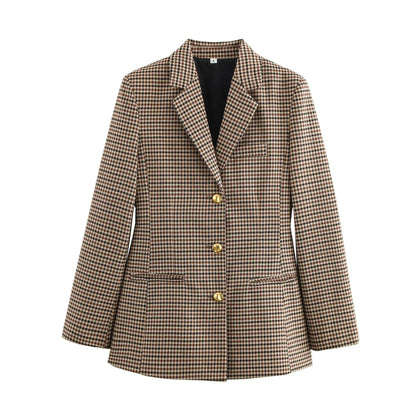 Women Houndstooth Blazer | Vintage Brown Plaid Blazer | Office Brown