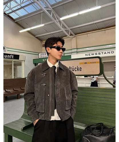 Men Suede Jacket | Loose Collar | Airplane Buckle