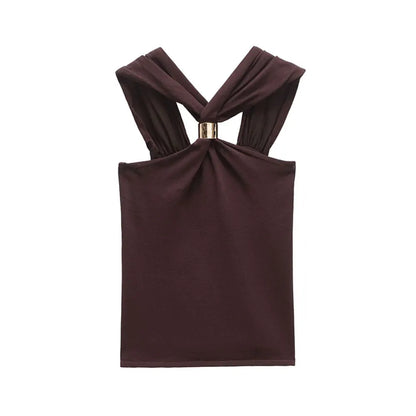 Women Knit Halter Neck Tank Top | Ring Top brown