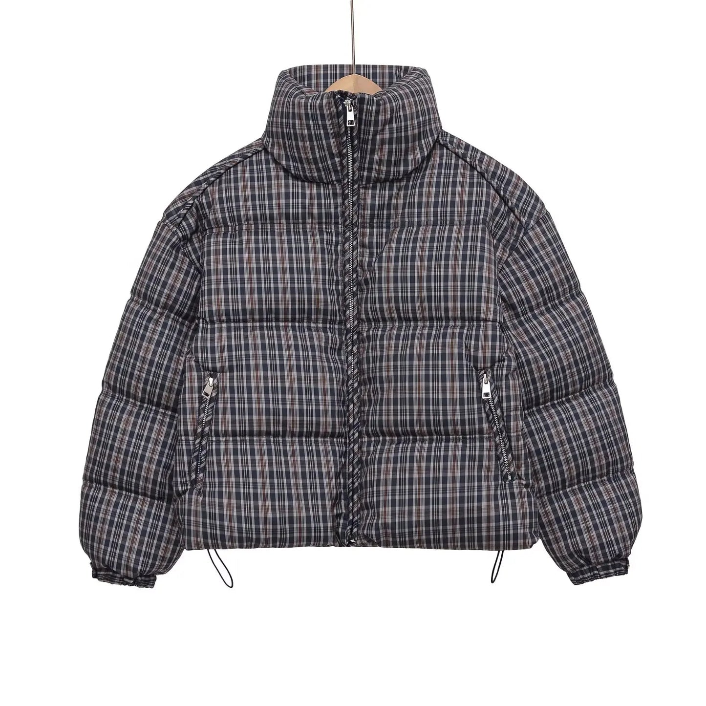 Women Plaid Puffer Jacket | Stand-Collar | Padded | Warm | Check | Parkas Jacket