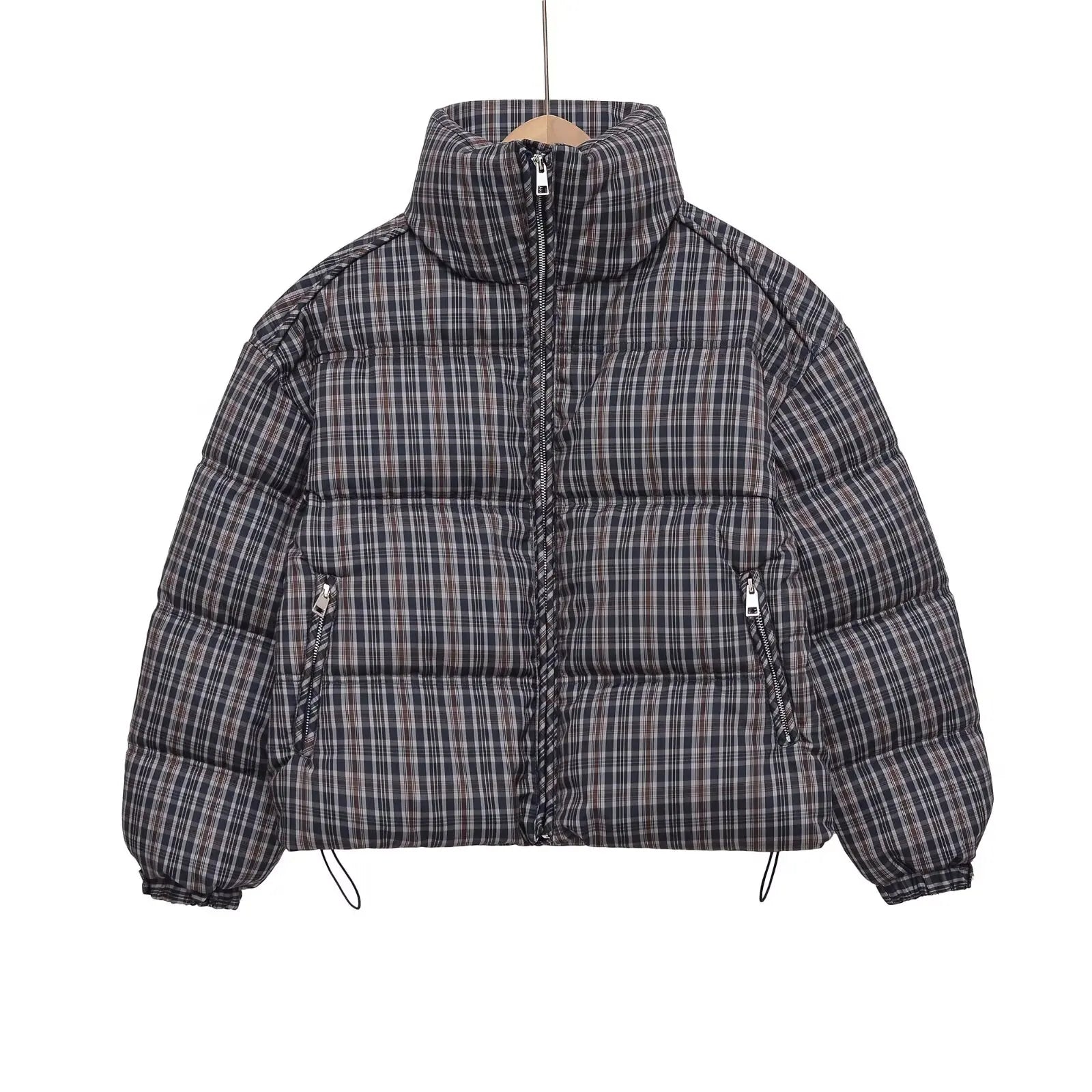 Women Plaid Puffer Jacket | Stand-Collar | Padded | Warm | Check | Parkas Jacket