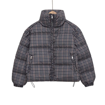 Women Plaid Puffer Jacket | Stand-Collar | Padded | Warm | Check | Parkas Jacket