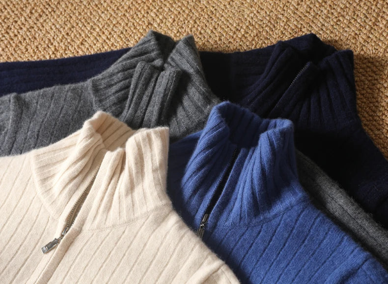 Men Merino Wool Stand-Up Collar Cardigan | Business Casual | Warm Zipper Jacket