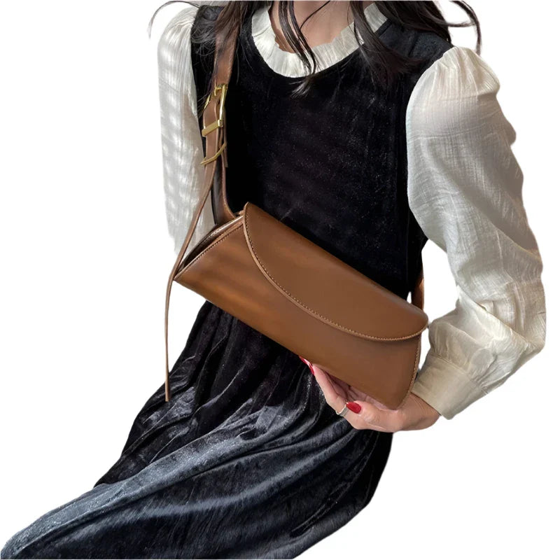 Women Baguette Leather Bag | Adjustable Wide Strap Shoulder Bag Coffee