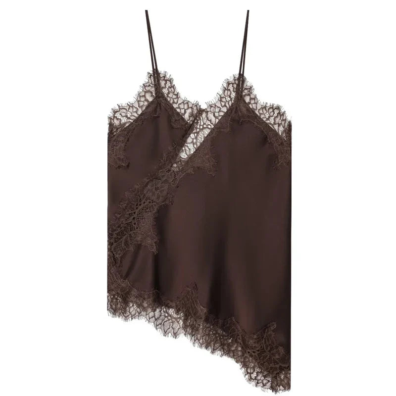 Women Asymmetrical Slip Top | Lace Tank Top | Cami | Y2K | Sleeveless | Backless Camisole Brown