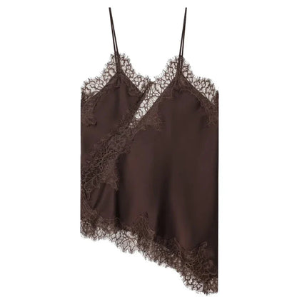 Women Asymmetrical Slip Top | Lace Tank Top | Cami | Y2K | Sleeveless | Backless Camisole Brown