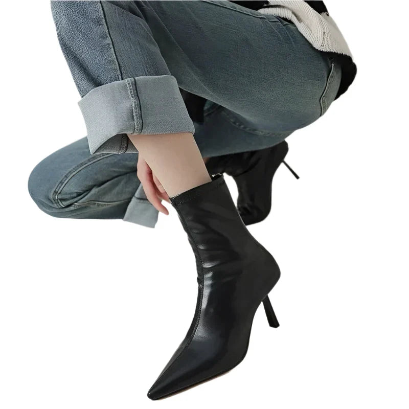 Women Leather High Heel Ankle Boots | Zipper Closure black