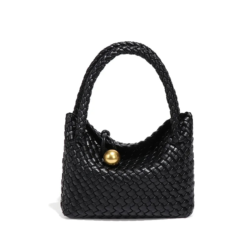 Women Leather Woven Small Crescent Crossbody Bag Black