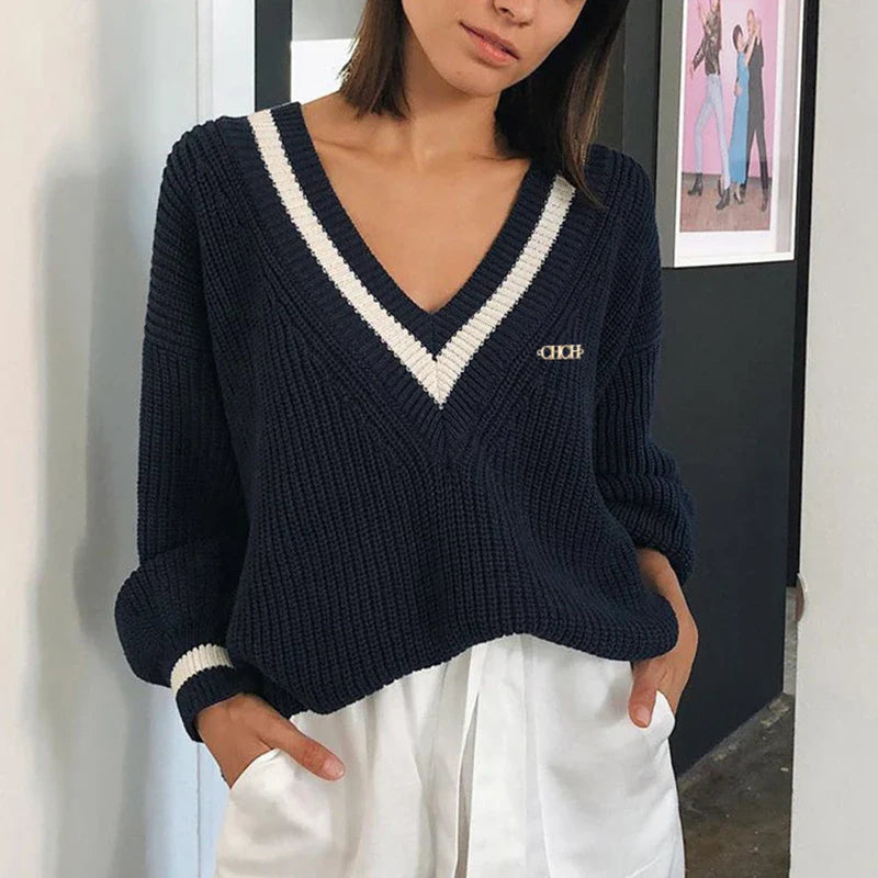 Women Loose Sweater | Autumn | Knitted Pullover | Long Sleeve | V-Neck Knitted Sweater Navy Blue
