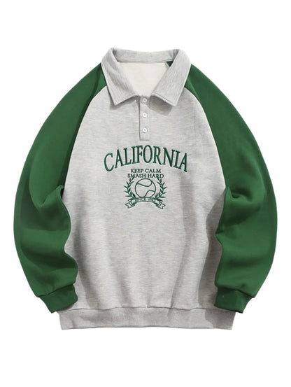 Unisex Vintage Quarter Button Polo Collar Sweatshirt | Raglan Sleeves Gray